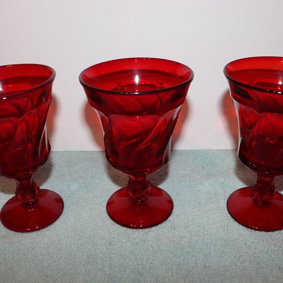 Vintage Set of 3 Fostoria Jamestown Swirl Ruby Red Water Wine Goblets Glassware - Picture 2 of 6